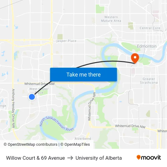 Willow Court & 69 Avenue to University of Alberta map