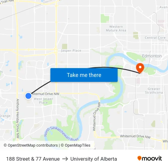 188 Street & 77 Avenue to University of Alberta map
