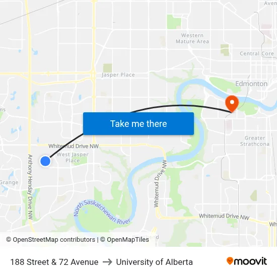 188 Street & 72 Avenue to University of Alberta map
