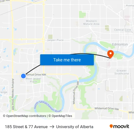 185 Street & 77 Avenue to University of Alberta map