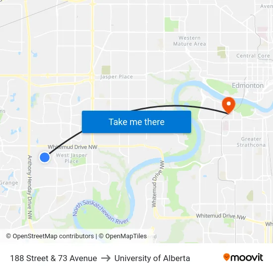 188 Street & 73 Avenue to University of Alberta map