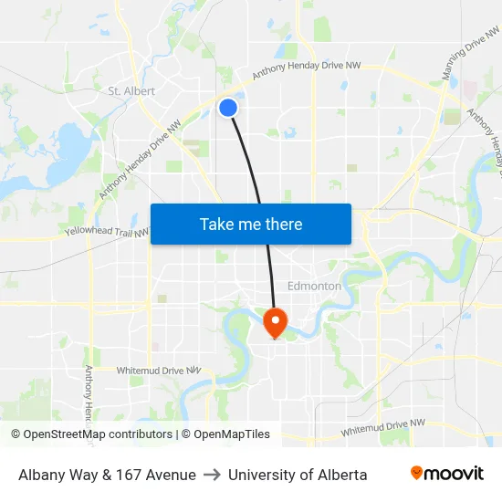 Albany Way & 167 Avenue to University of Alberta map