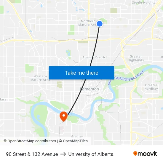 90 Street & 132 Avenue to University of Alberta map