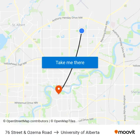 76 Street & Ozerna Road to University of Alberta map