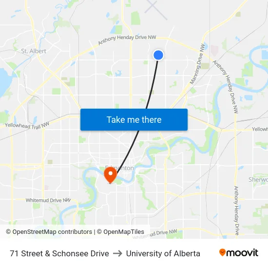 71 Street & Schonsee Drive to University of Alberta map