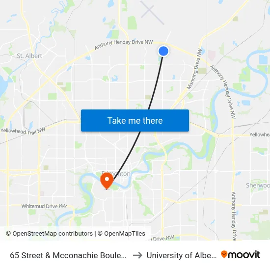 65 Street & Mcconachie Boulevard to University of Alberta map
