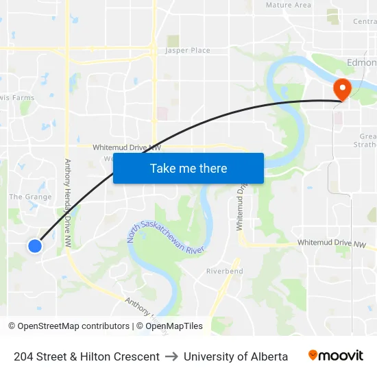 204 Street & Hilton Crescent to University of Alberta map