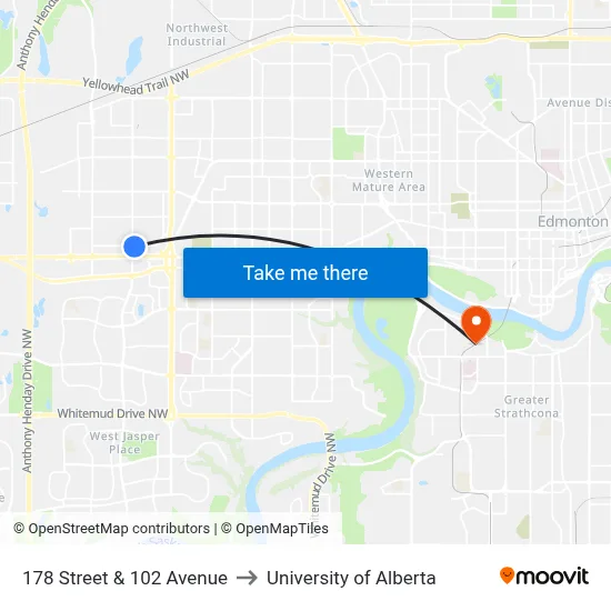 178 Street & 102 Avenue to University of Alberta map