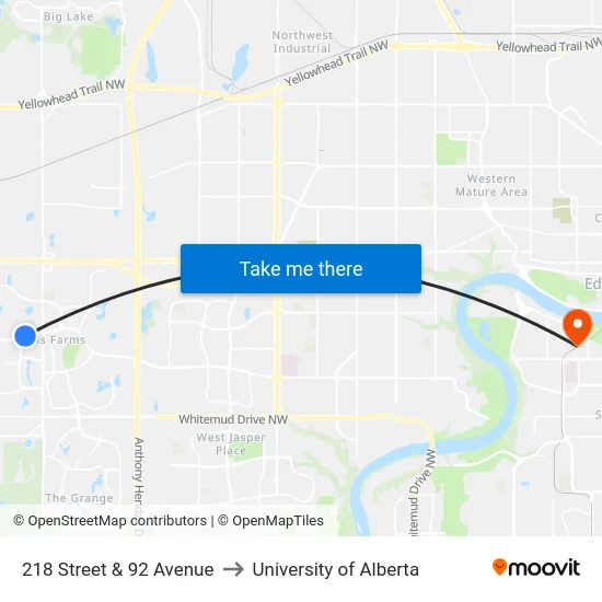 218 Street & 92 Avenue to University of Alberta map