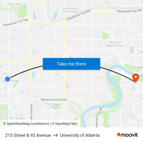 215 Street & 92 Avenue to University of Alberta map