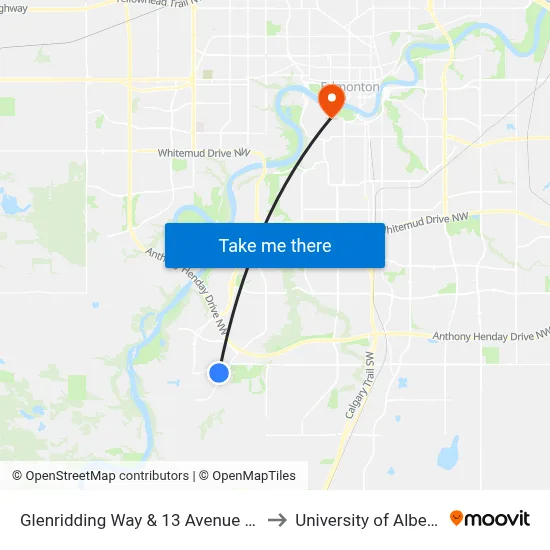 Glenridding Way & 13 Avenue SW to University of Alberta map