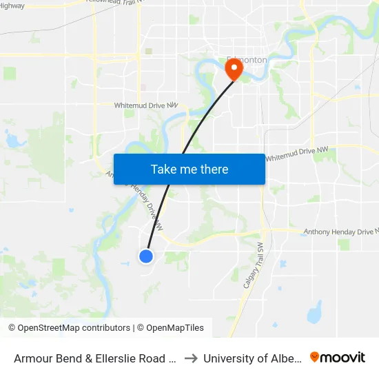 Armour Bend & Ellerslie Road SW to University of Alberta map