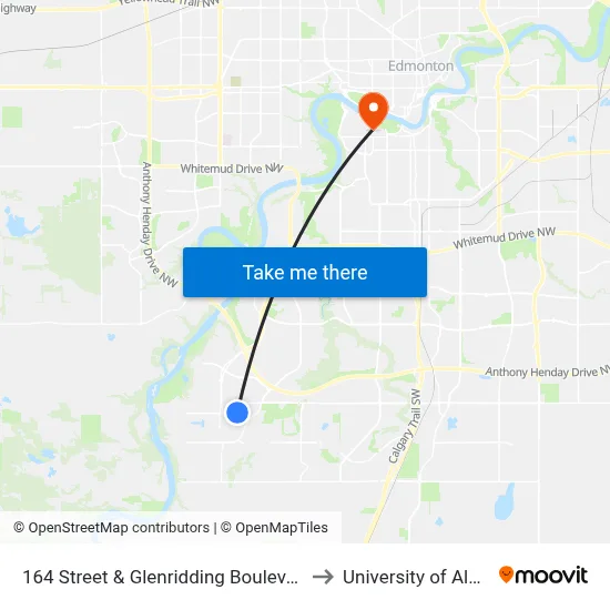164 Street & Glenridding Boulevard SW to University of Alberta map