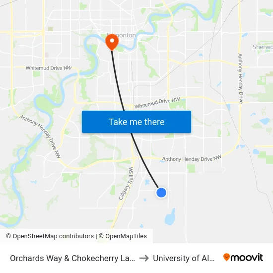 Orchards Way & Chokecherry Lane SW to University of Alberta map