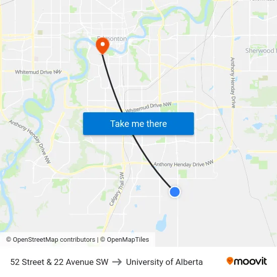 52 Street & 22 Avenue SW to University of Alberta map