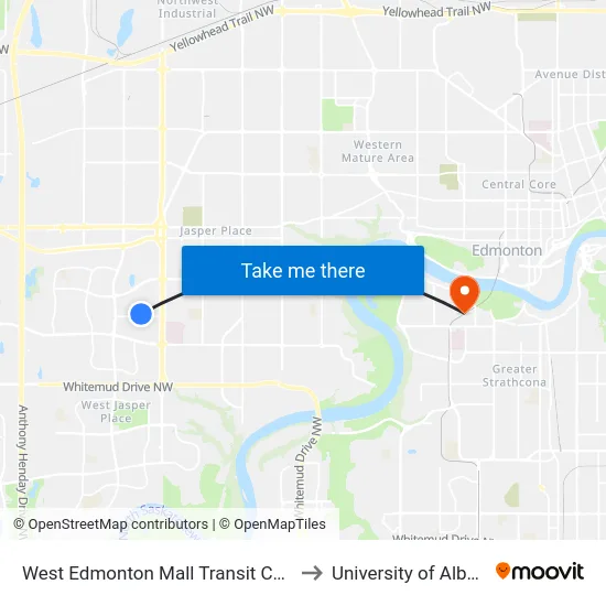 West Edmonton Mall Transit Centre to University of Alberta map