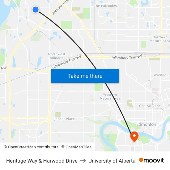 Heritage Way & Harwood Drive to University of Alberta map