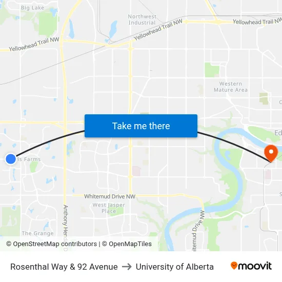 Rosenthal Way & 92 Avenue to University of Alberta map