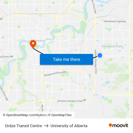 Ordze Transit Centre to University of Alberta map