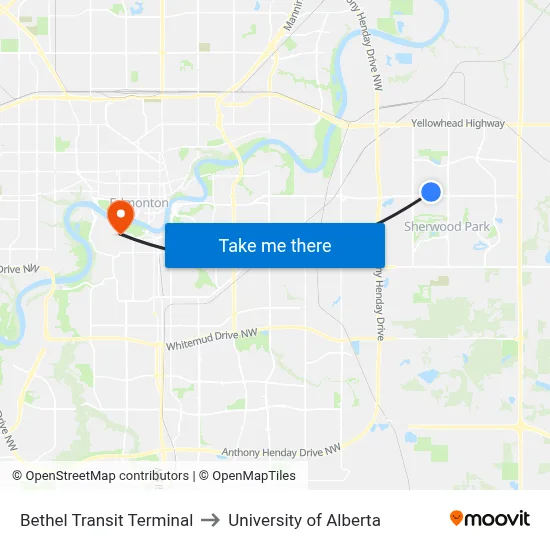 Bethel Transit Terminal to University of Alberta map