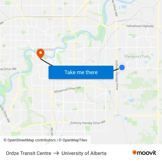 Ordze Transit Centre to University of Alberta map