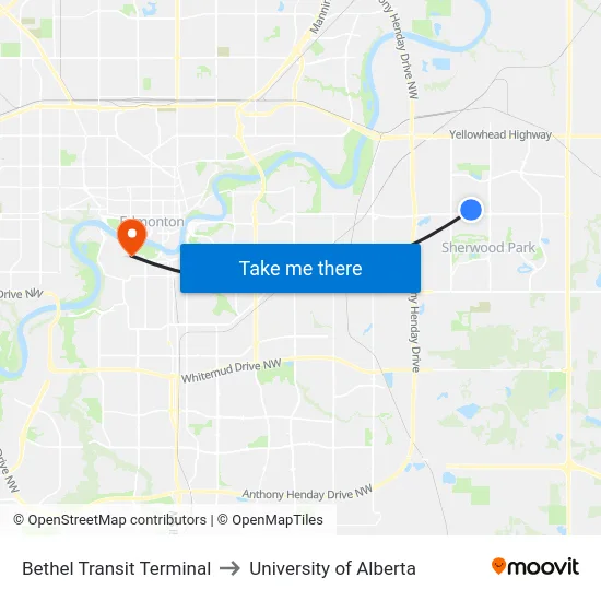 Bethel Transit Terminal to University of Alberta map