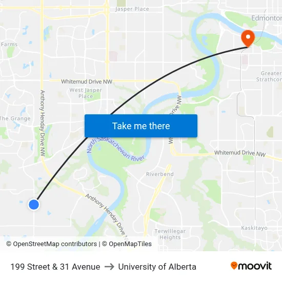 199 Street & 31 Avenue to University of Alberta map