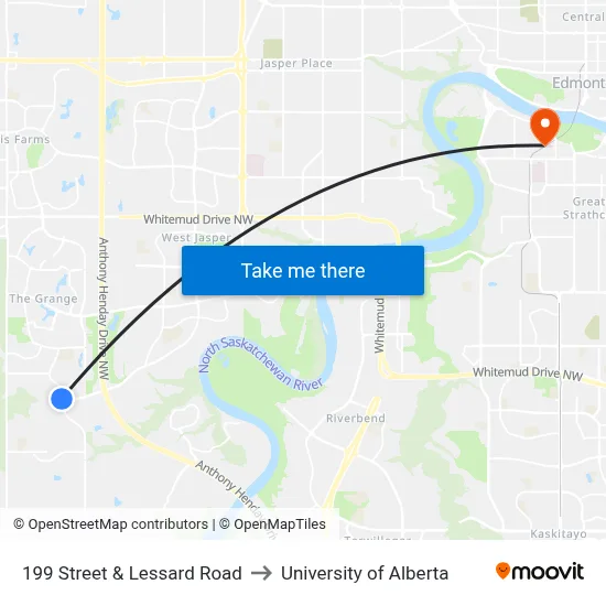 199 Street & Lessard Road to University of Alberta map