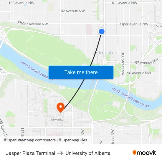Jasper Plaza Terminal to University of Alberta map