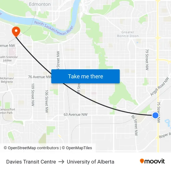 Davies Transit Centre to University of Alberta map