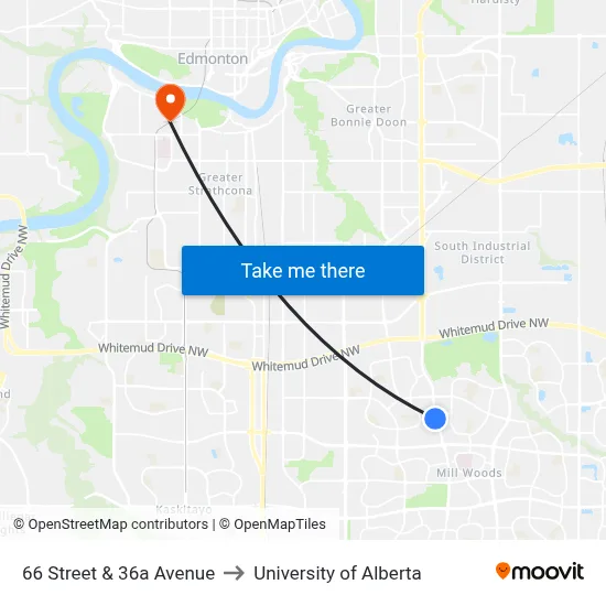 66 Street & 36a Avenue to University of Alberta map