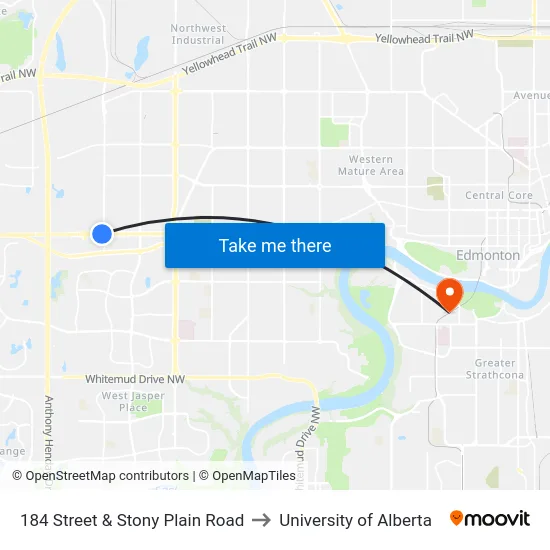 184 Street & Stony Plain Road to University of Alberta map