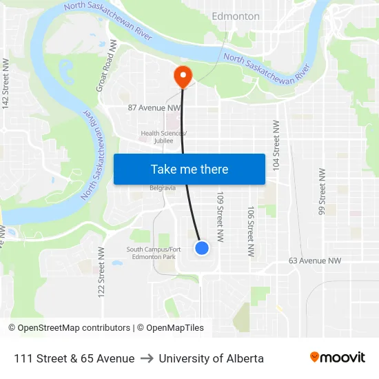 111 Street & 65 Avenue to University of Alberta map