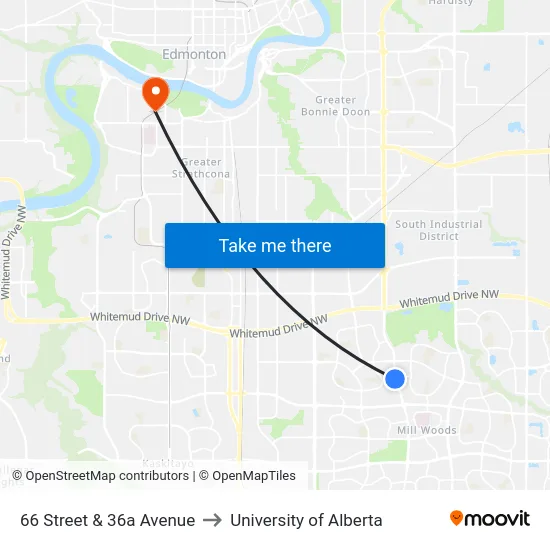 66 Street & 36a Avenue to University of Alberta map