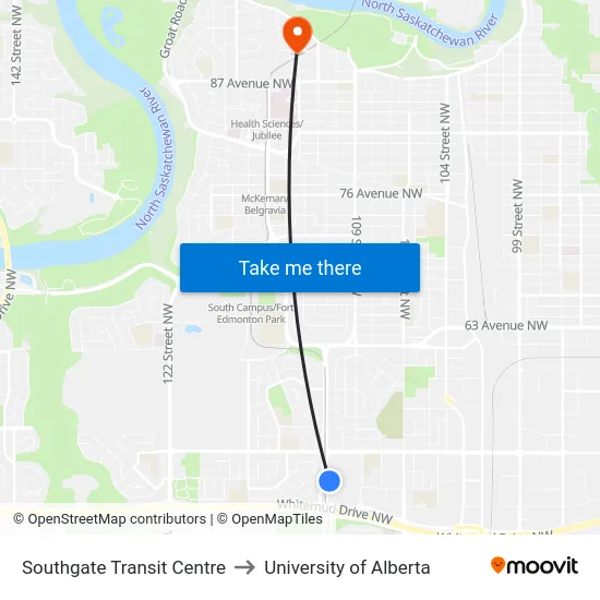 Southgate Transit Centre to University of Alberta map