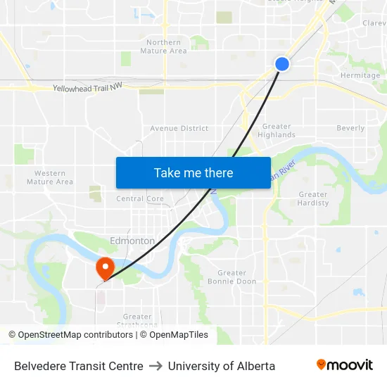 Belvedere Transit Centre to University of Alberta map