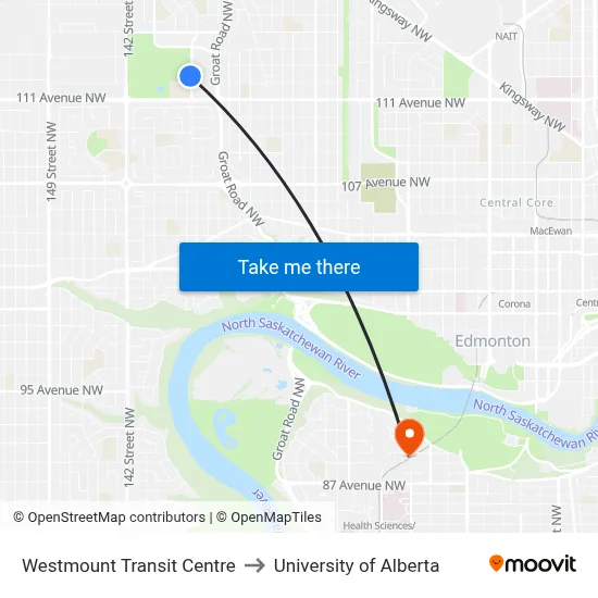 Westmount Transit Centre to University of Alberta map