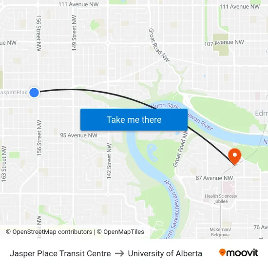 Jasper Place Transit Centre to University of Alberta map