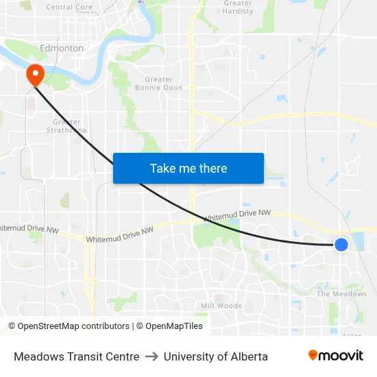 Meadows Transit Centre to University of Alberta map