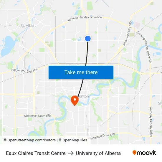 Eaux Claires Transit Centre to University of Alberta map
