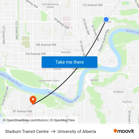 Stadium Transit Centre to University of Alberta map
