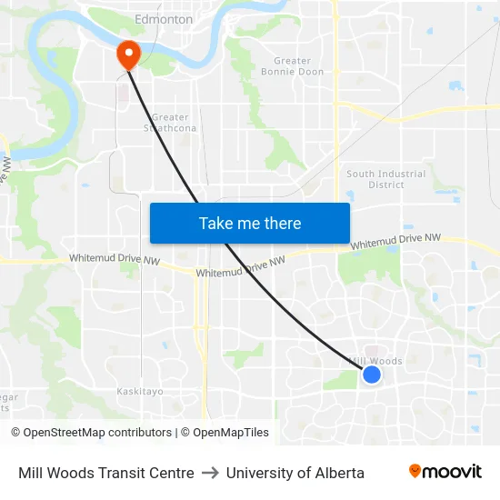 Mill Woods Transit Centre to University of Alberta map