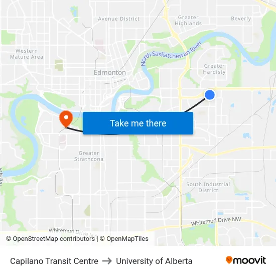 Capilano Transit Centre to University of Alberta map