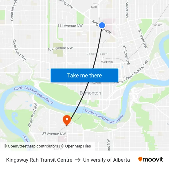 Kingsway Rah Transit Centre to University of Alberta map