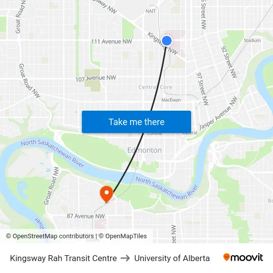 Kingsway Rah Transit Centre to University of Alberta map