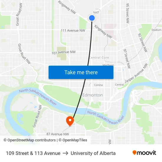109 Street & 113 Avenue to University of Alberta map