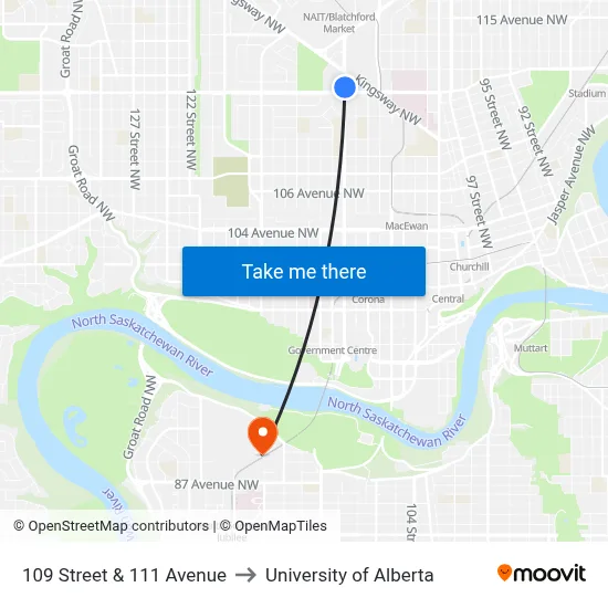 109 Street & 111 Avenue to University of Alberta map