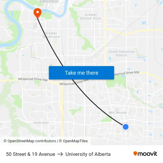 50 Street & 19 Avenue to University of Alberta map