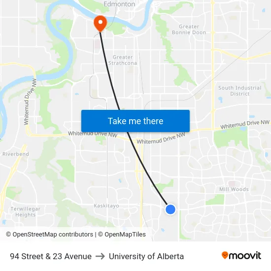 94 Street & 23 Avenue to University of Alberta map