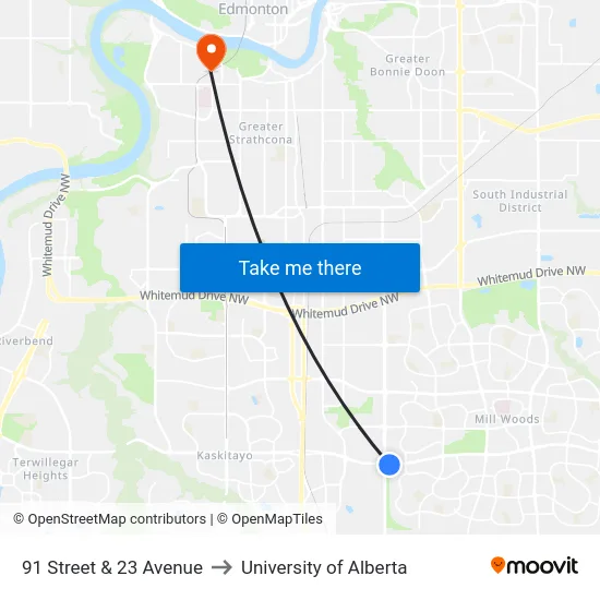 91 Street & 23 Avenue to University of Alberta map